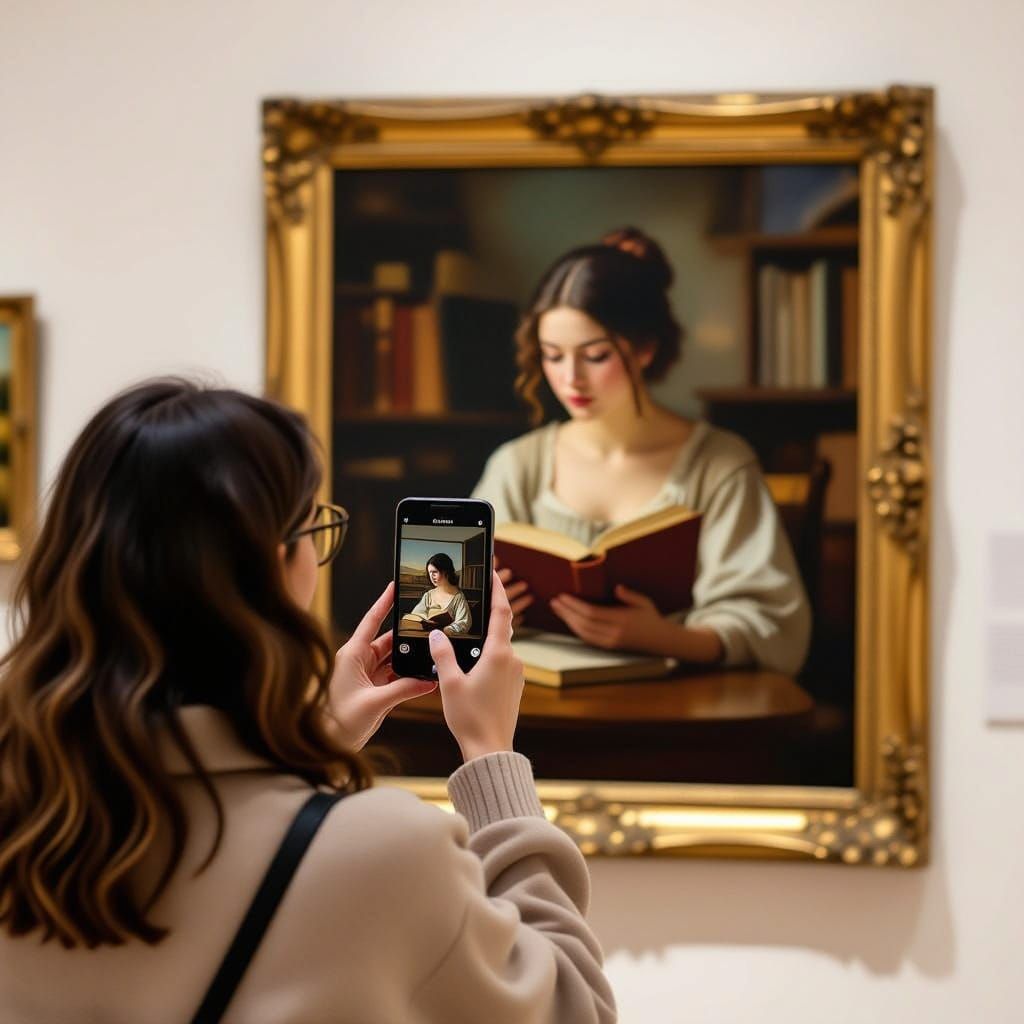 A woman in an art gallery uses her smartphone to capture a photo of an oil painting that portrays a young woman engrosse...