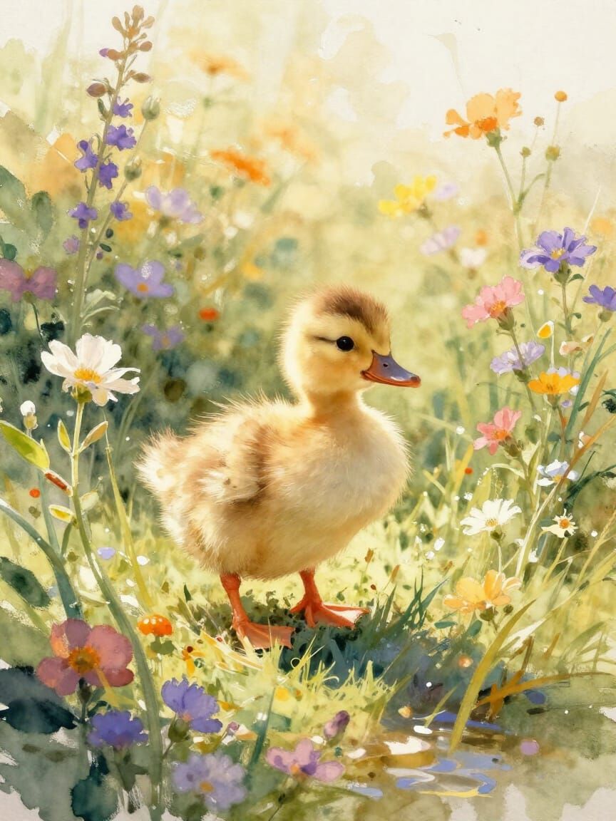 Playful Duckling in a Sunlit River Garden