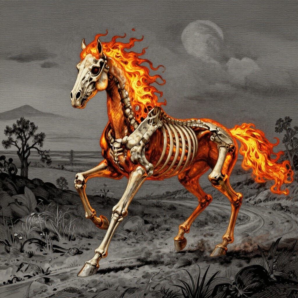 Flame Skeleton Horse Galloping on Dark Western Road in Horro...
