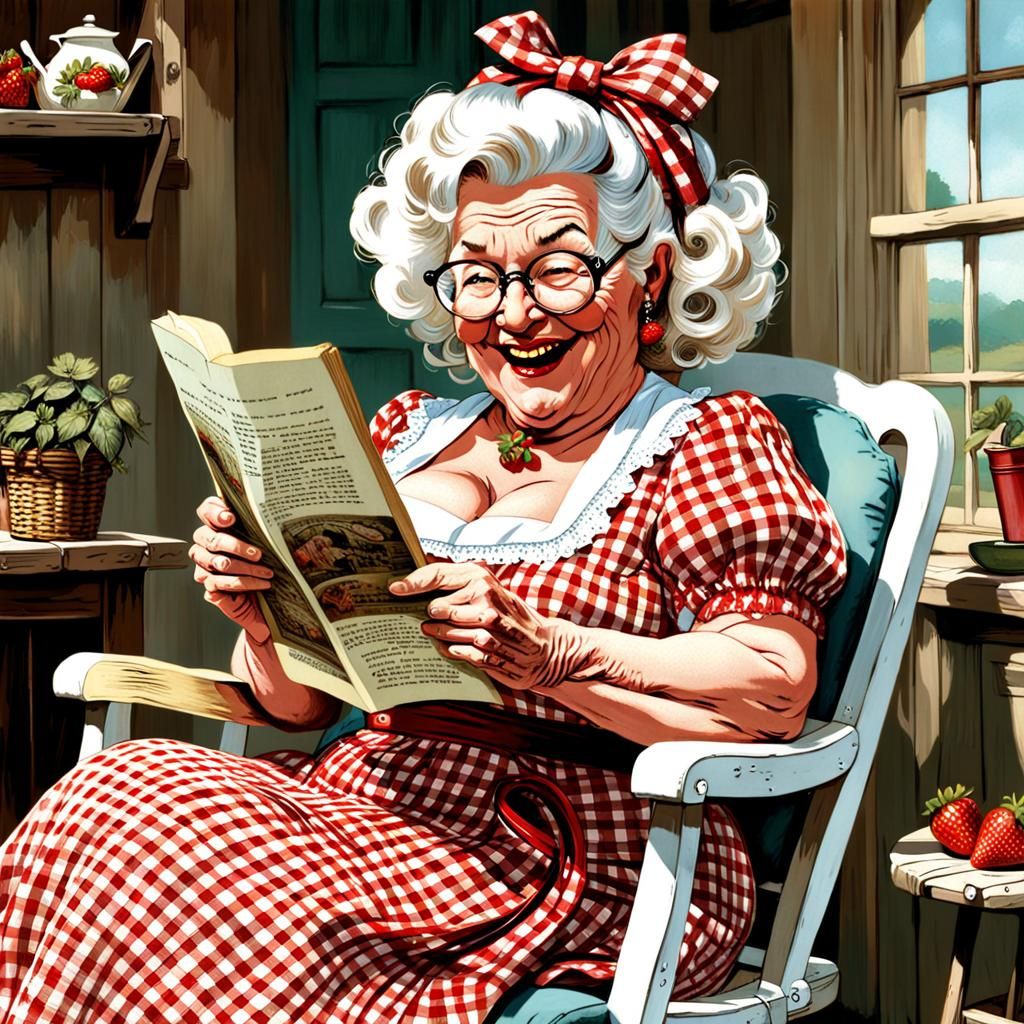 Elderly Pin-Up Woman in Red Dress Laughing