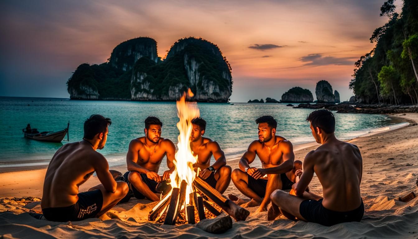 Boys Camping on Koh Hong Beach at Sunset