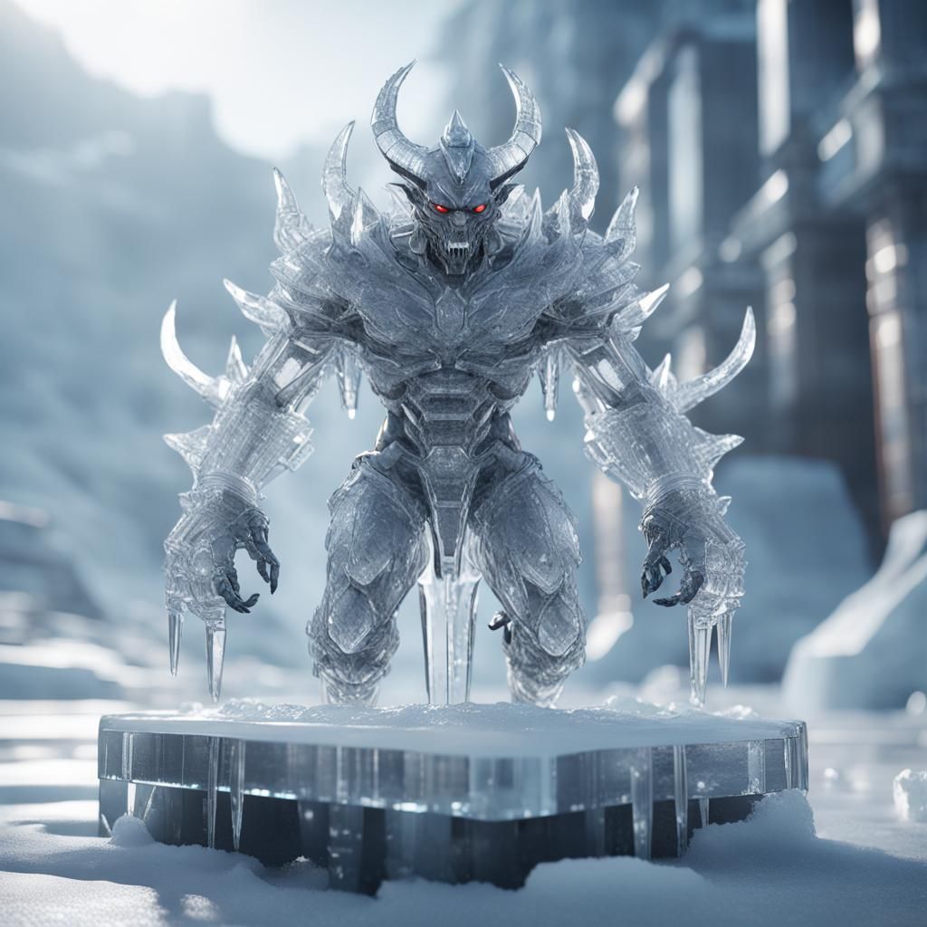 Icy Demon Statue with Intricate Mech Details
