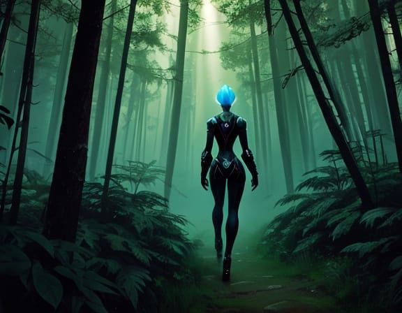 Green Praying Mantis Alien Emerges in a Forest Realm