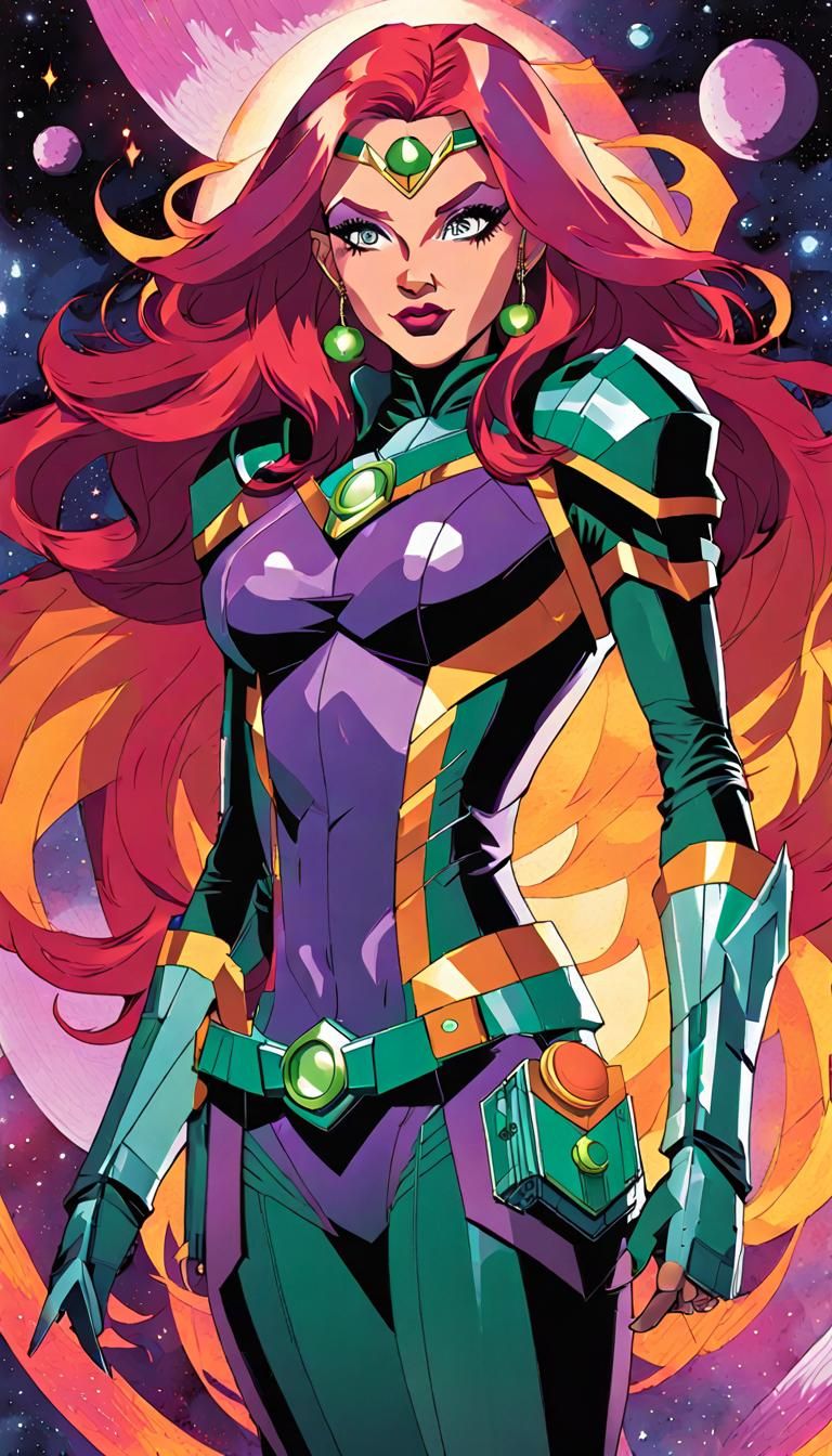 Katie Middeler as Evil Starfire in a space-themed DC Comics Multiverse Background, with character design and manga-style...