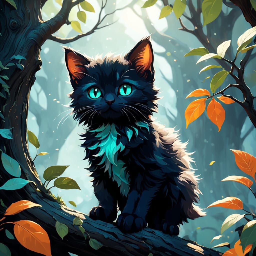 Adorable Kitten Climbs Majestic Tree in Art Nouveau-Inspired...