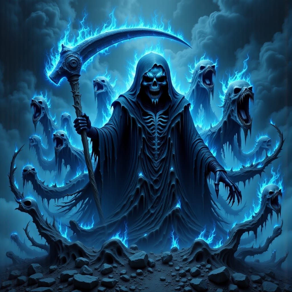 Cyberpunk Grim Reaper Battles Demonic Beasts Amidst Blue Inf...