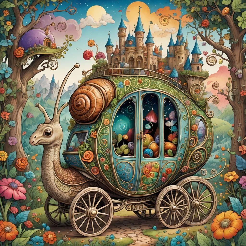 Snail-Drawn Carriage in Fairytale Landscape Illustration
