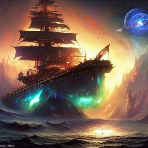 Galactic Pirate Ship Sailing Through Space in Fantasy Art