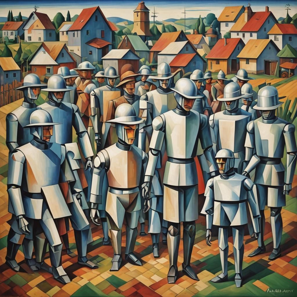 Amish Robot Farm in Abstract Cubist Style