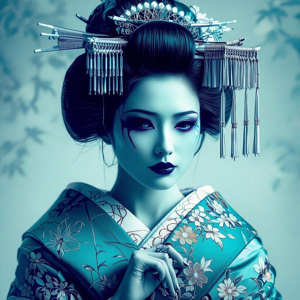 Serene Geisha in Mystical Temple, Fond Dégradé Bleu à Blancs