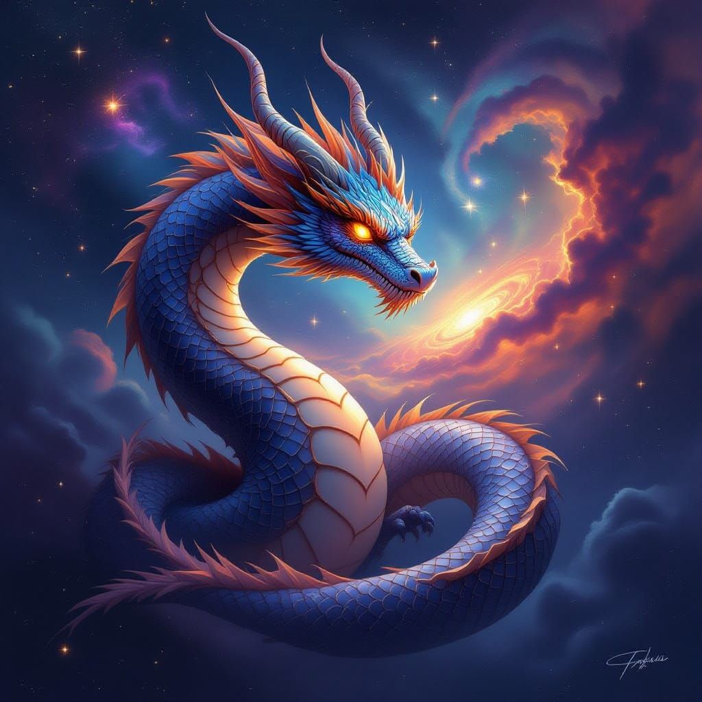Celestial Dragon Coiled Around Nebula in Epic Fantasy Art