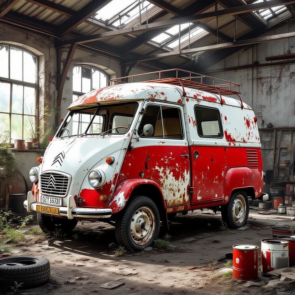 Abandoned Camper Van in Derelict Workshop