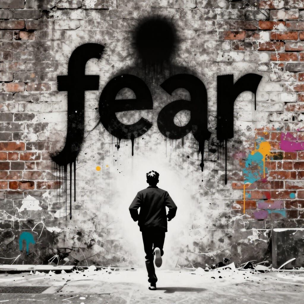 Urban Stencil Art of Figure Confronting Fear