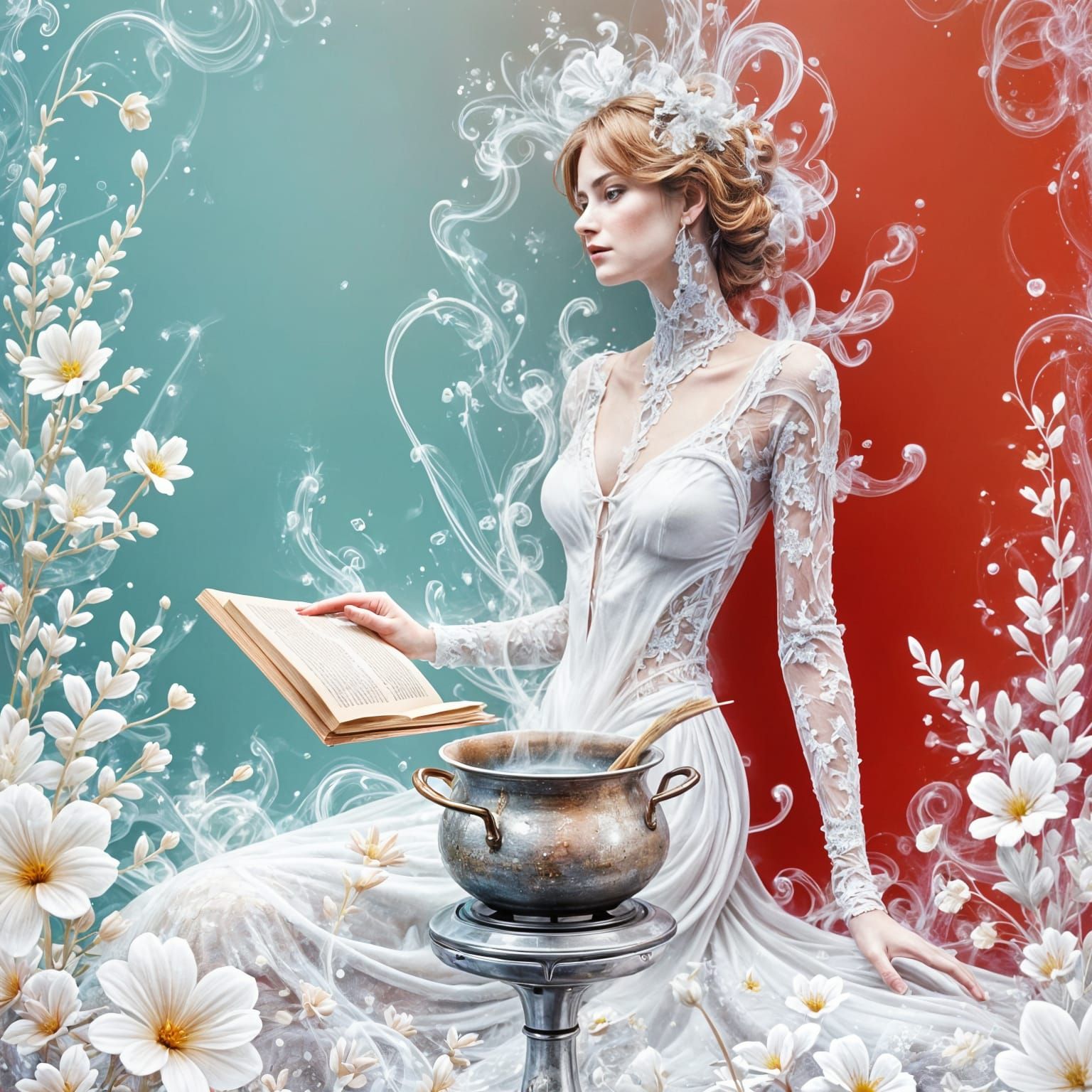 Enchanted Kitchen Reading Scene with Magical Cooking