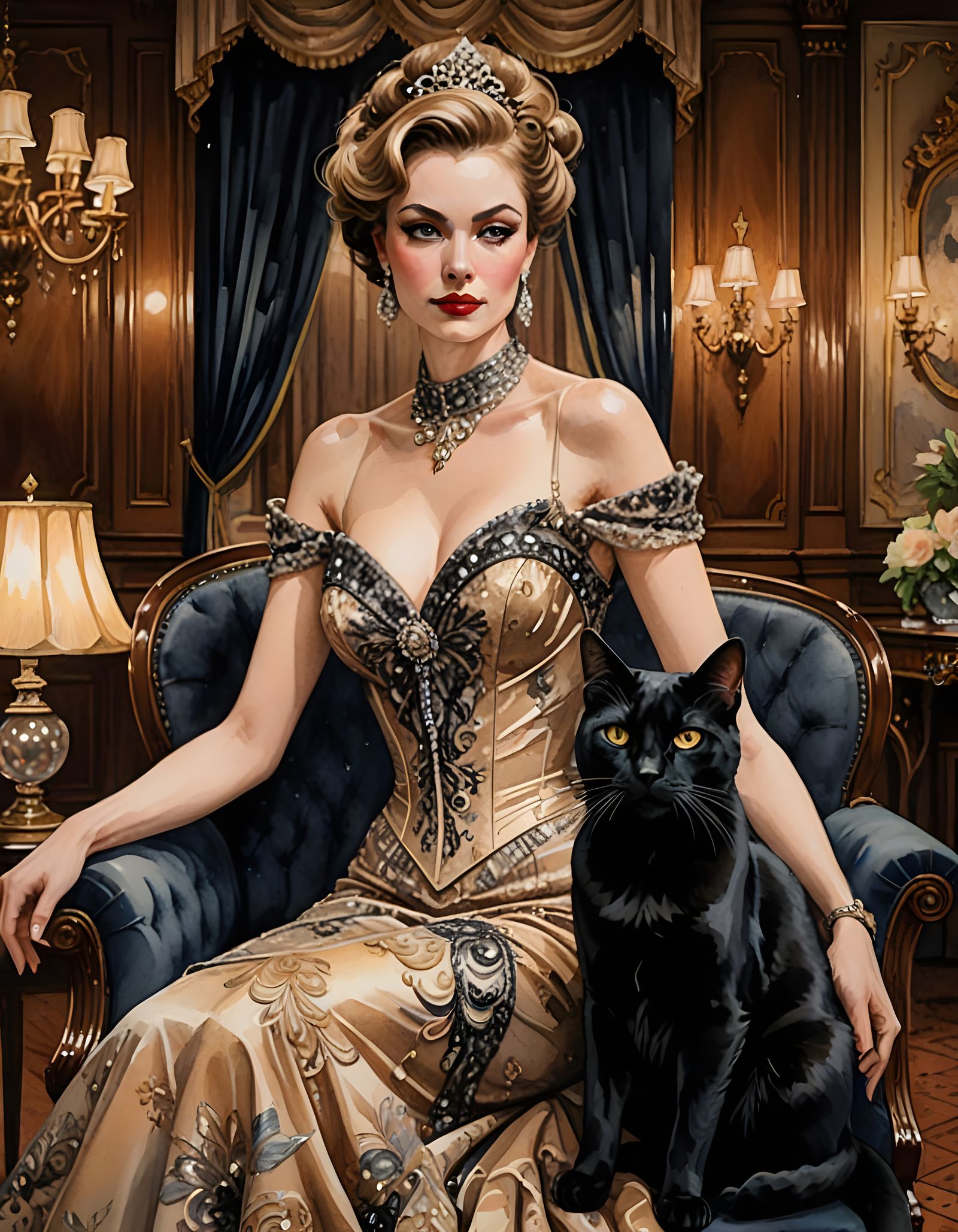 Elegant lady and her black cat
