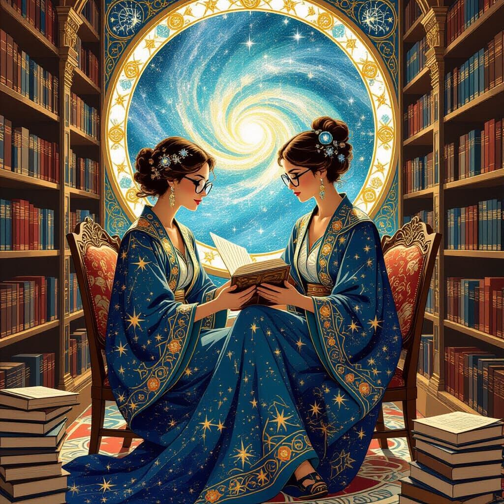 Cosmic Librarian in Art Nouveau Astral Illustration