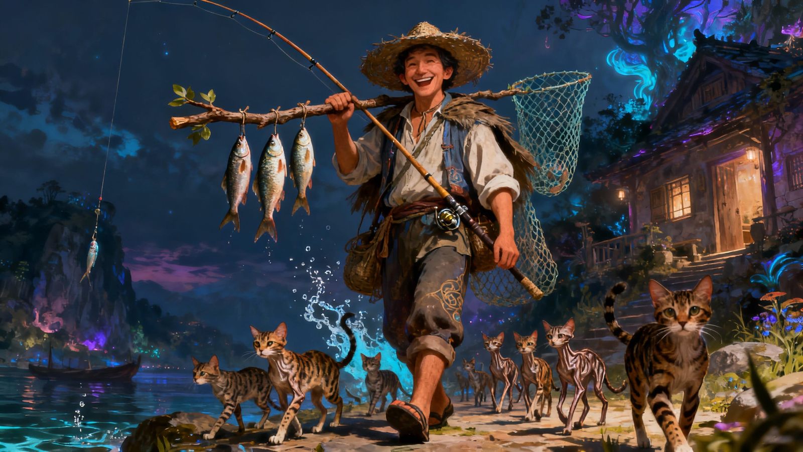 Fantasy Fisherman with Cats, Matte Painting Style