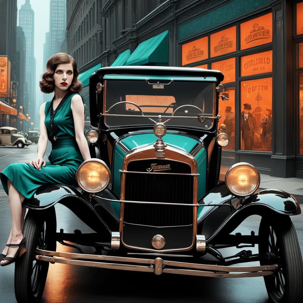 Anna Kendrick with 1920s Ford in Chicago