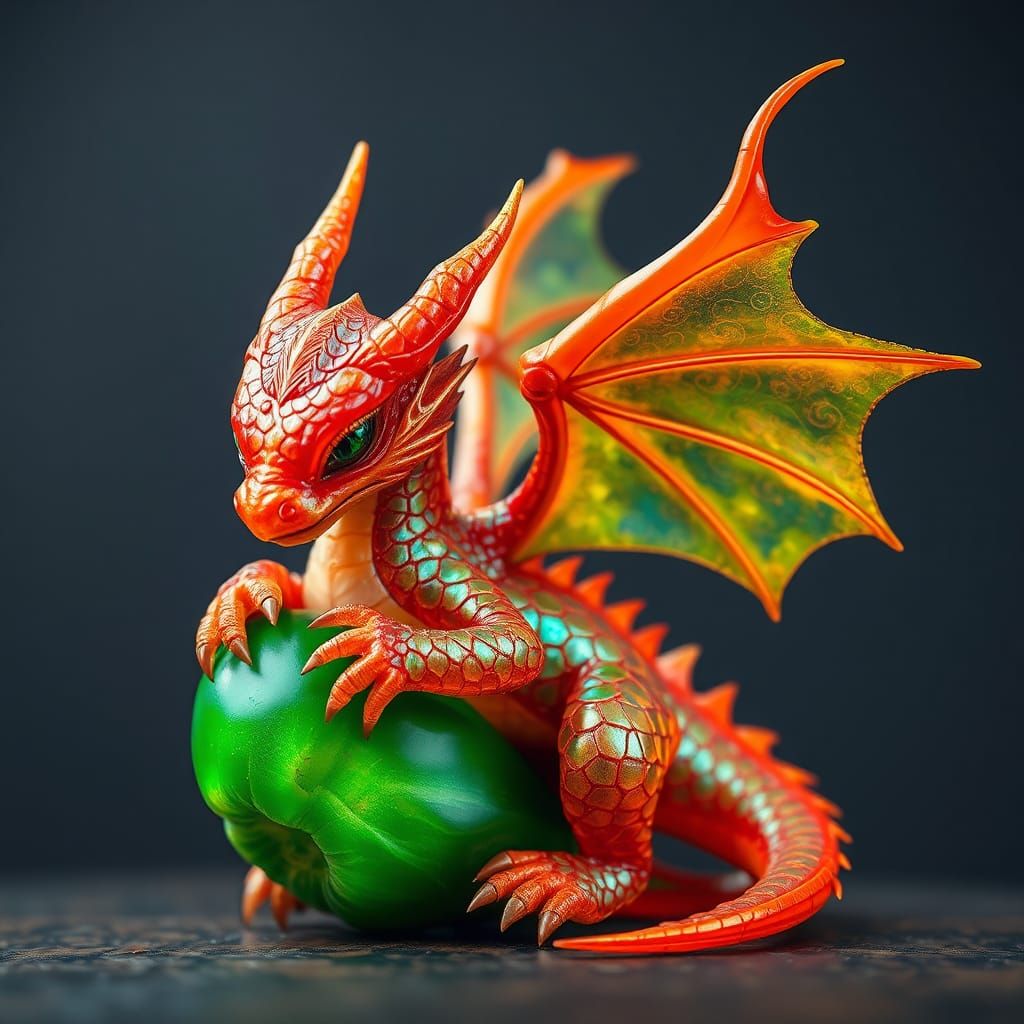 Fiery Dragon Cradling Jalapeño Pepper, Digital Art