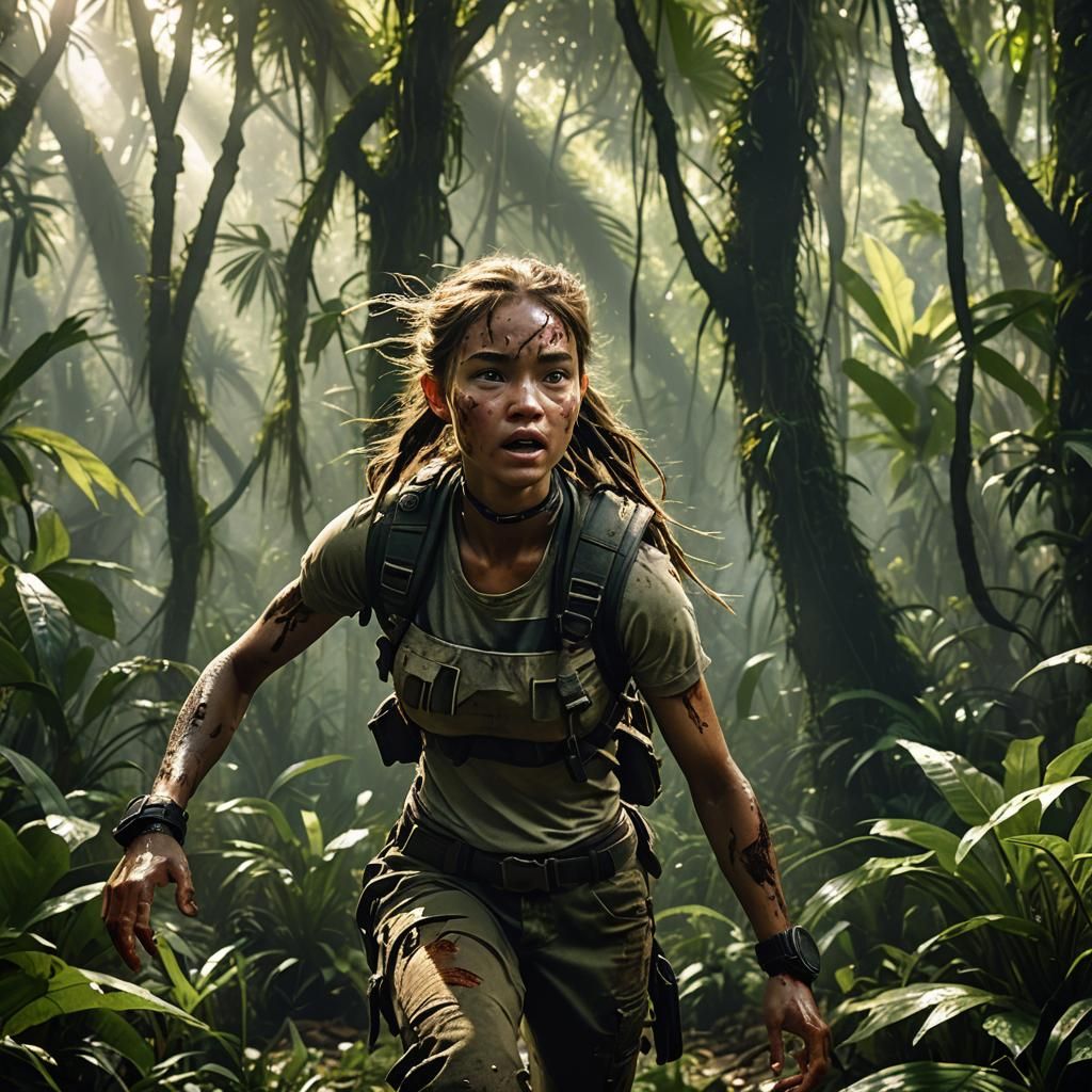 Girl's Jungle Escape: A Cinematic Film Still