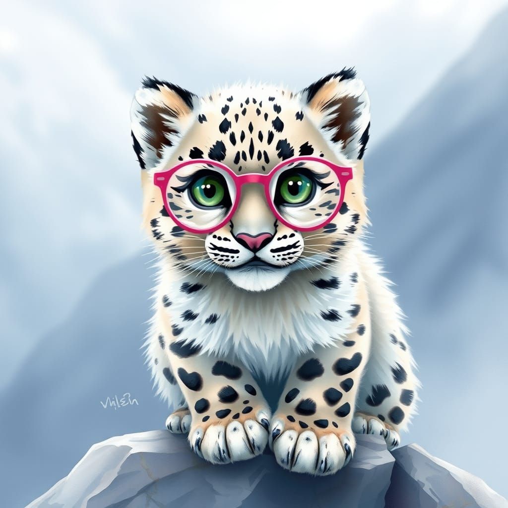 Snow Leopard Cub with Glasses in Watercolor Style