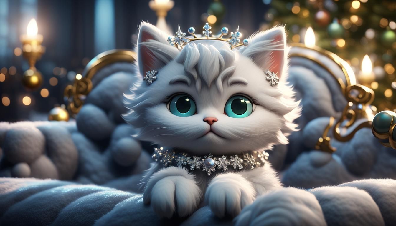 grey fluffy chibi kitten with diadem jewels christmas christmas snowflakes on baroque sofa laying 3D Game Cinematic Feel...