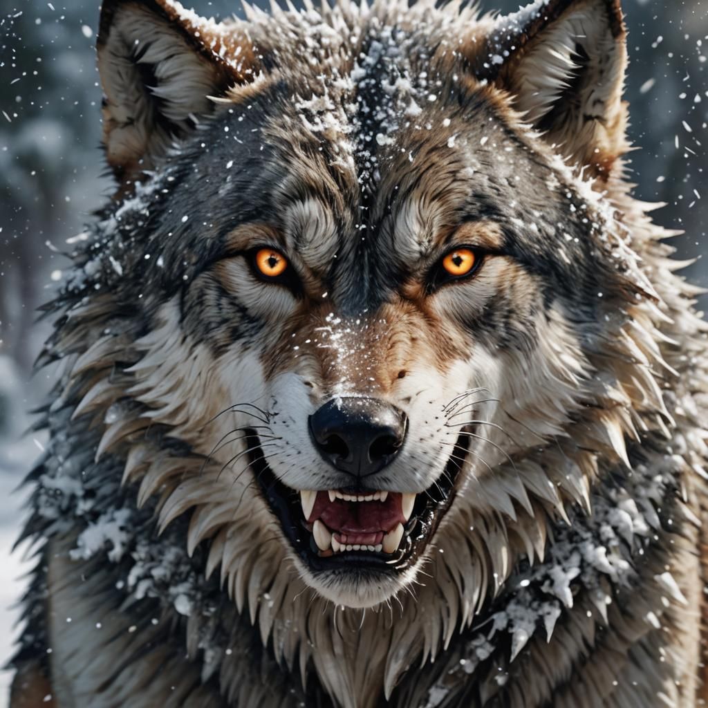 Epic 3D Wolf Portrait in Snow, Videogame Graphics