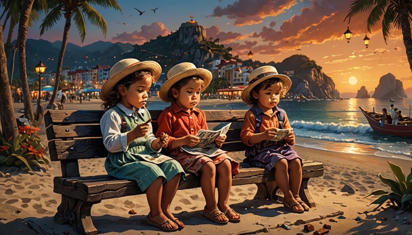 Babies at Acapulco Beach in Detailed Matte Painting Style