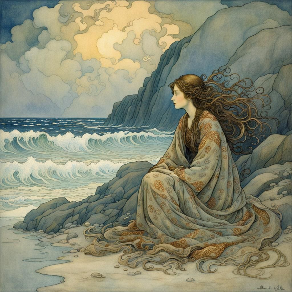 Selkie on Beach in Art Nouveau Illustration