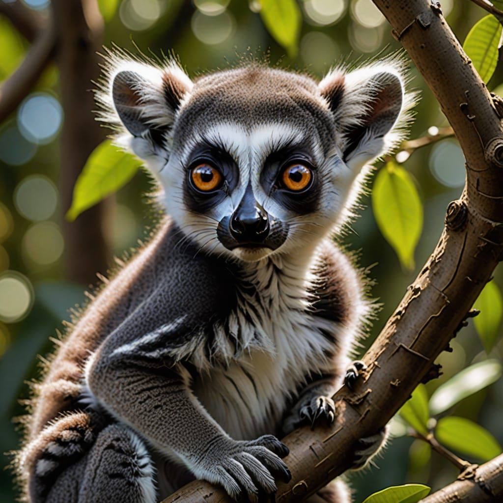 Golden Ring-Tailed Lemur Surrounded by Whimsical Forest