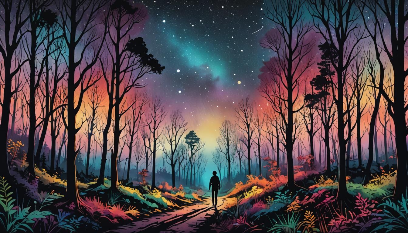 Stick Figure Forest Walk: Colored Ink Poster