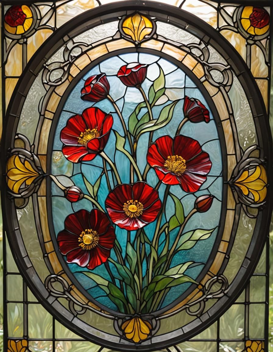 Stained Glass Persian Buttercup in Art Nouveau Style