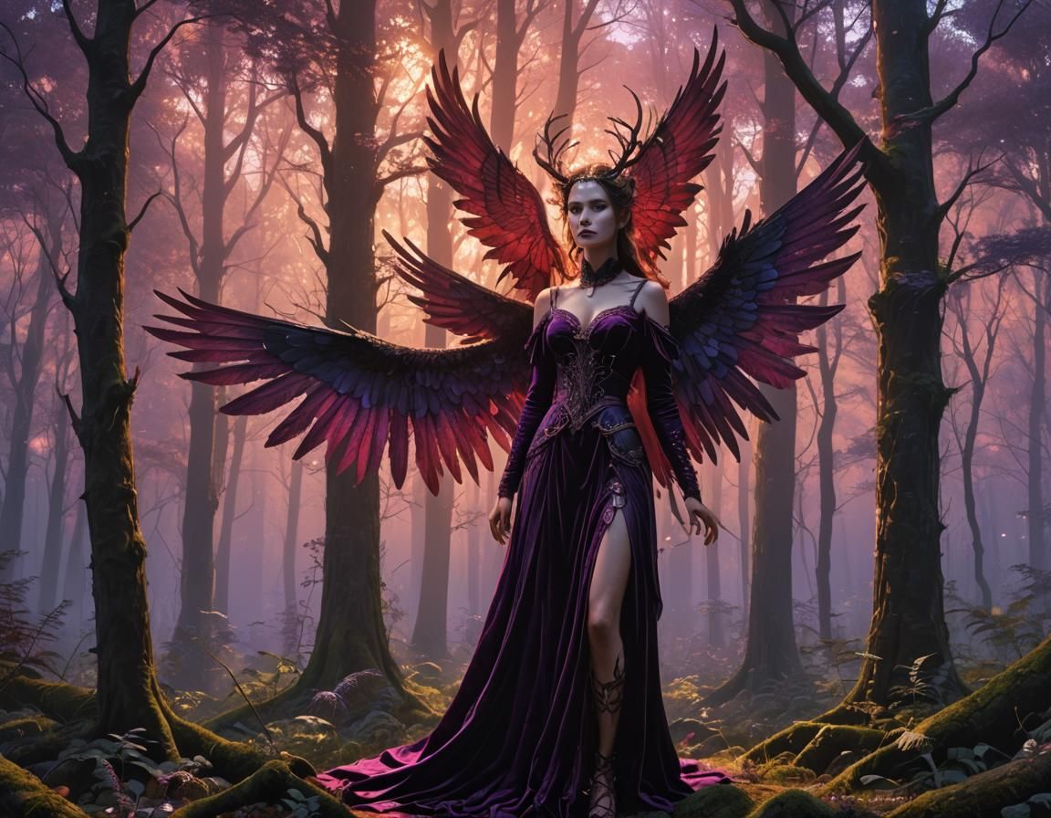 Dark Fantasy Forest Figure in Crimson Sky