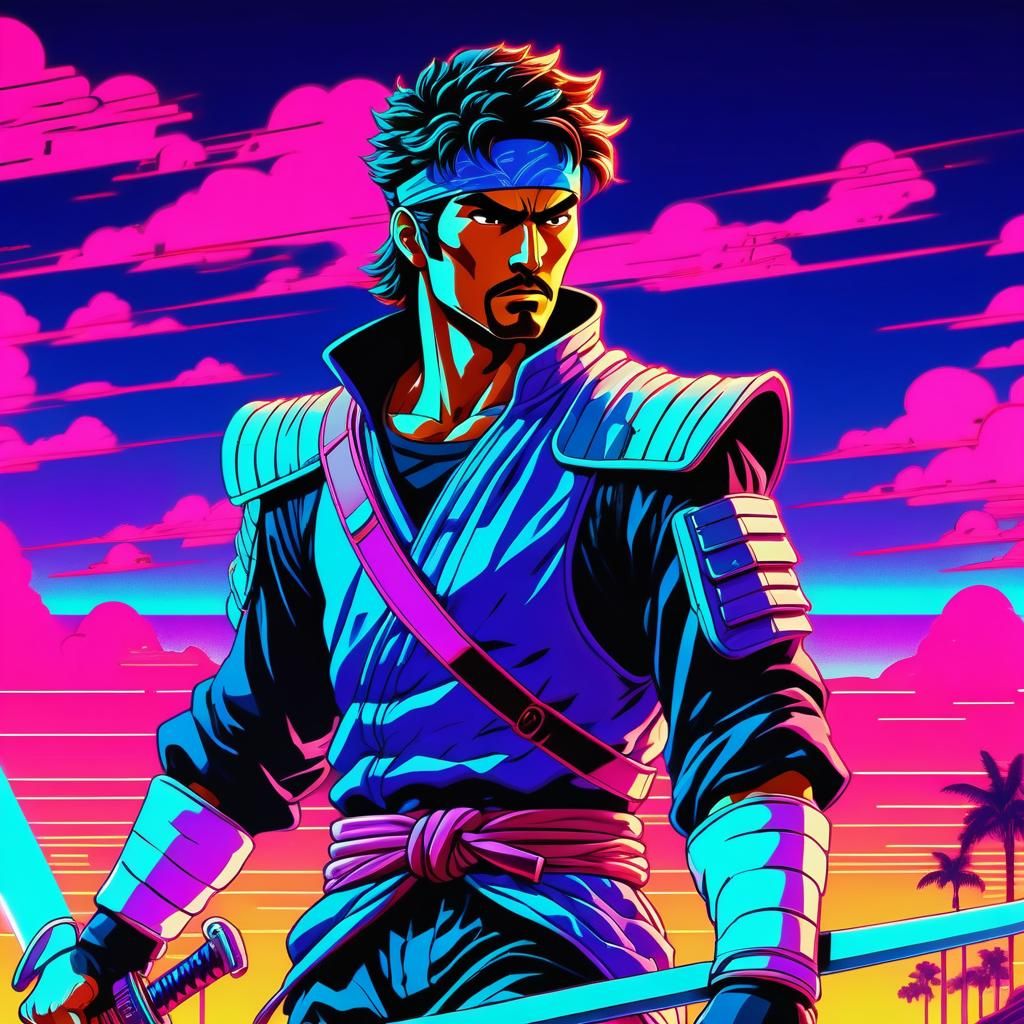 Anime Swordsman Walks into Battle in Synthwave Style