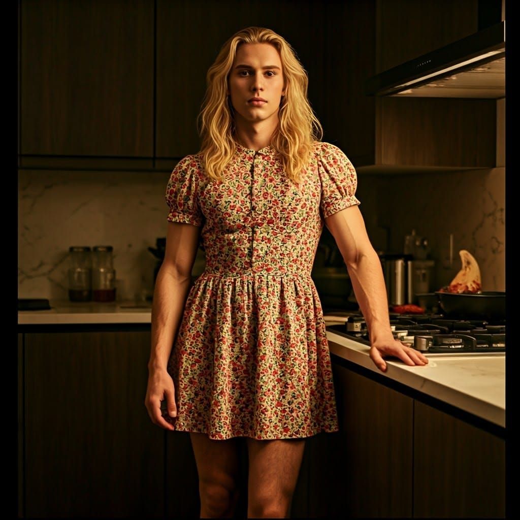 Confident Young Man in Feminine Frock Cooking in Modern Kitc...