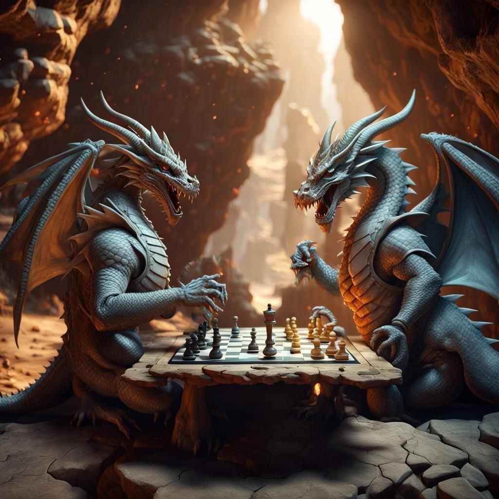 Anthropomorphic Dragons Play Chess in a Cave