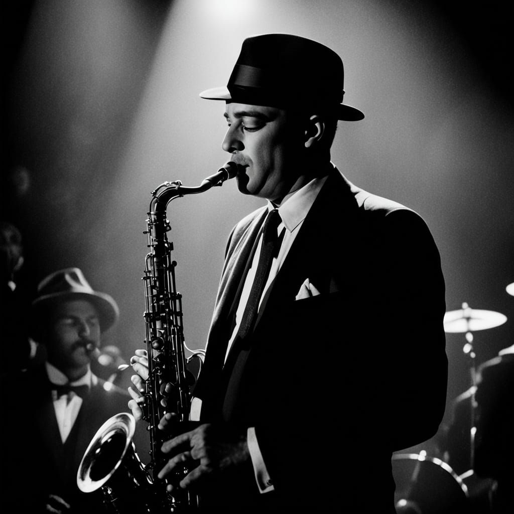 Jazz Musician in Smoky Nightclub, 1950s Fashion Photography