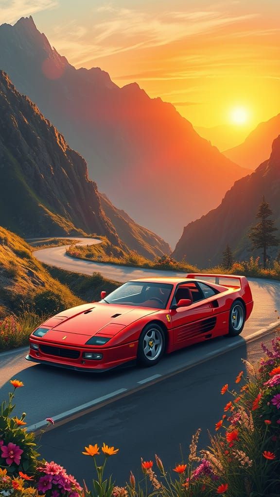 Sleek 90s Sports Car on Winding Mountain Road at Sunset