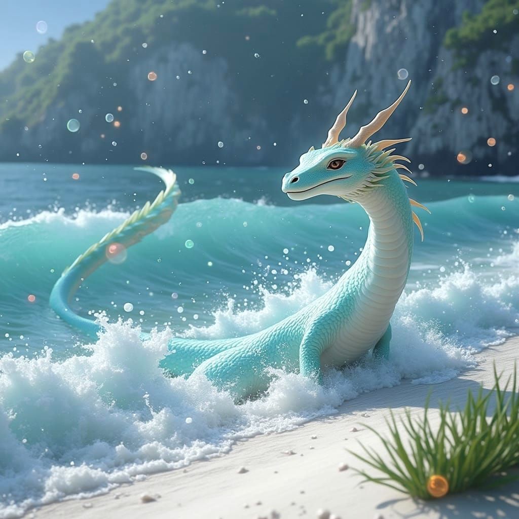 Ethereal Water Dragon in a Serene Dawn Bay