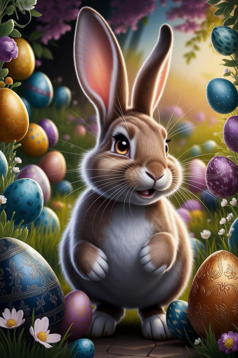 Vibrant Easter Bunny Amidst Intricately Detailed Eggs in Sun...