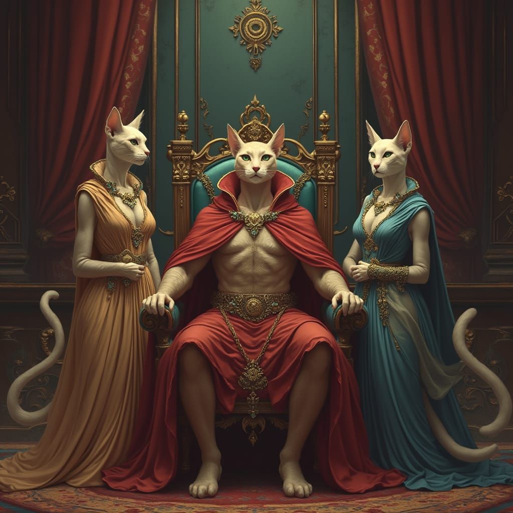 Regal Feline Rulers in Opulent Throne Room
