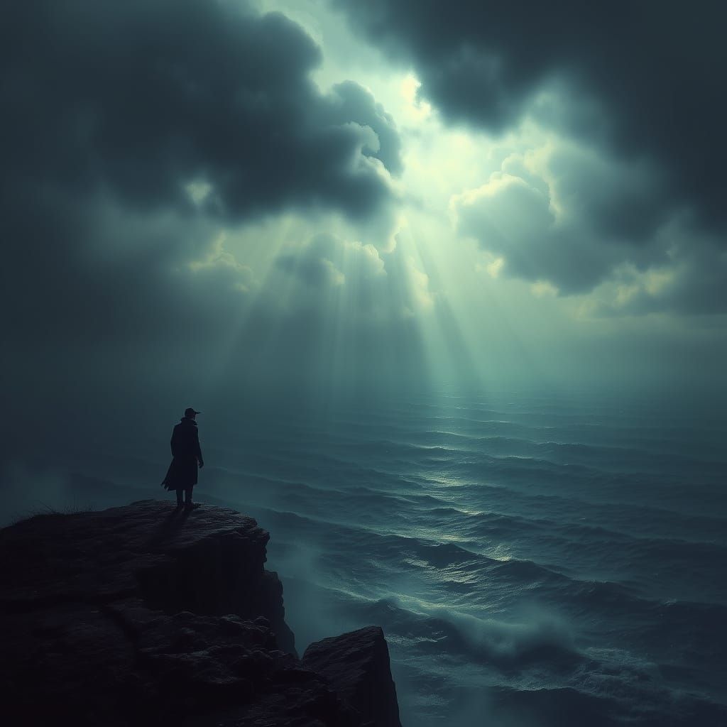 Lone Figure on Windswept Cliff Overlooking Stormy Sea