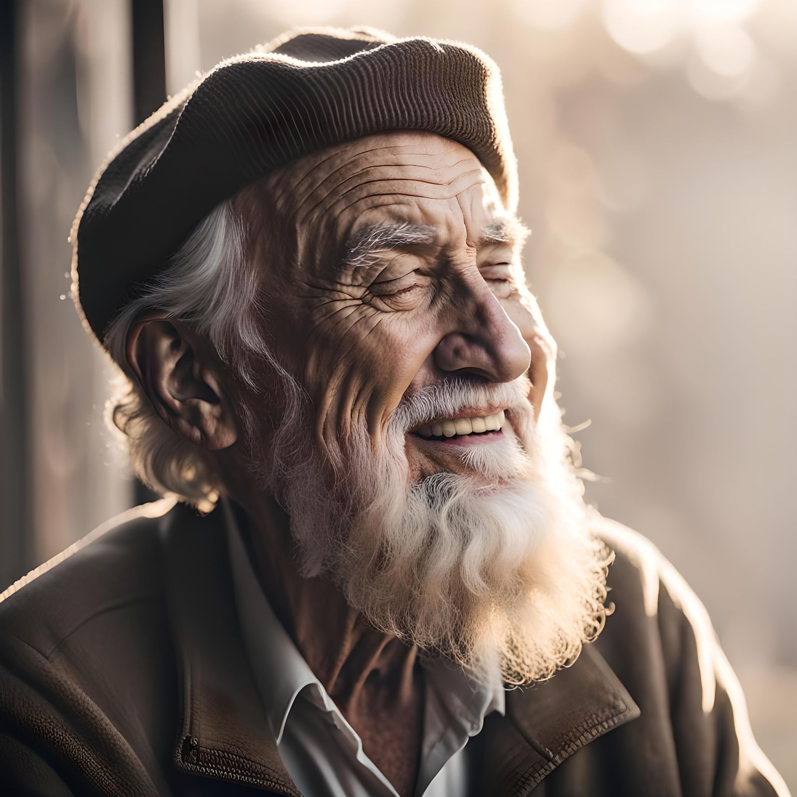Old Man's Reflective Smile in Golden Hour Light