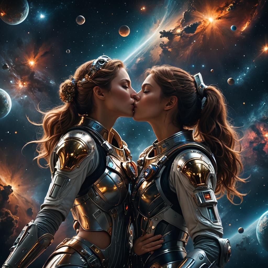 Two Women Kissing in Space: Hyper-Realistic Art