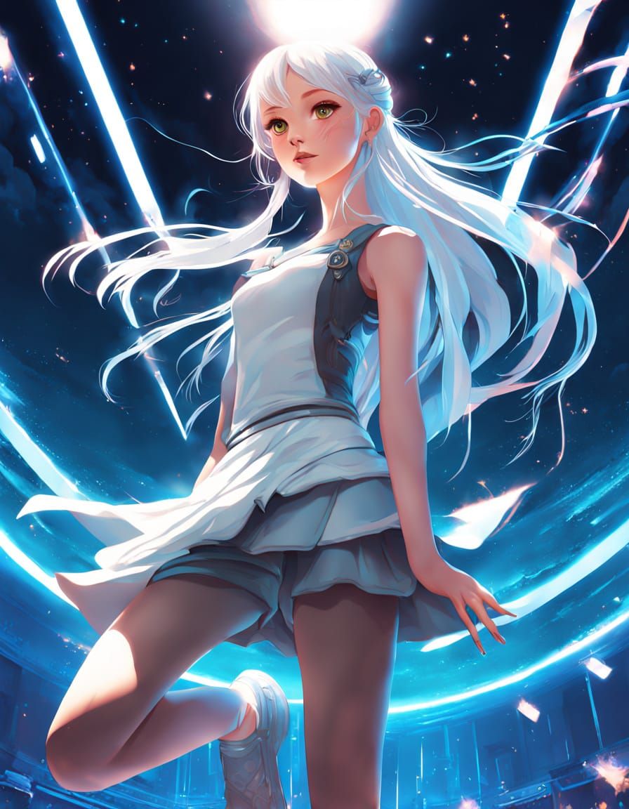 Elegant Woman Floats in Idyllic Fantasy Landscape