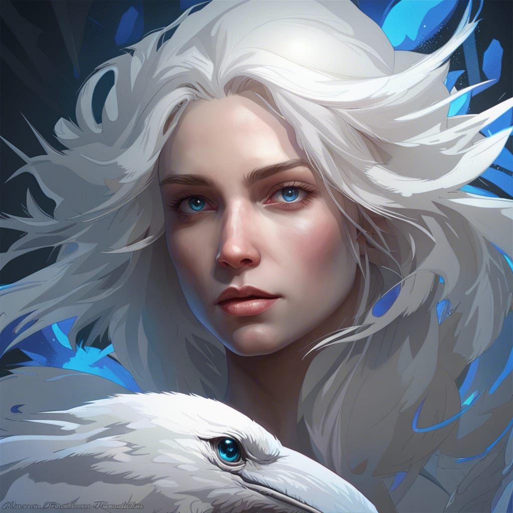 Blue-Eyed White Raven Portrait in Hyperdetailed Style
