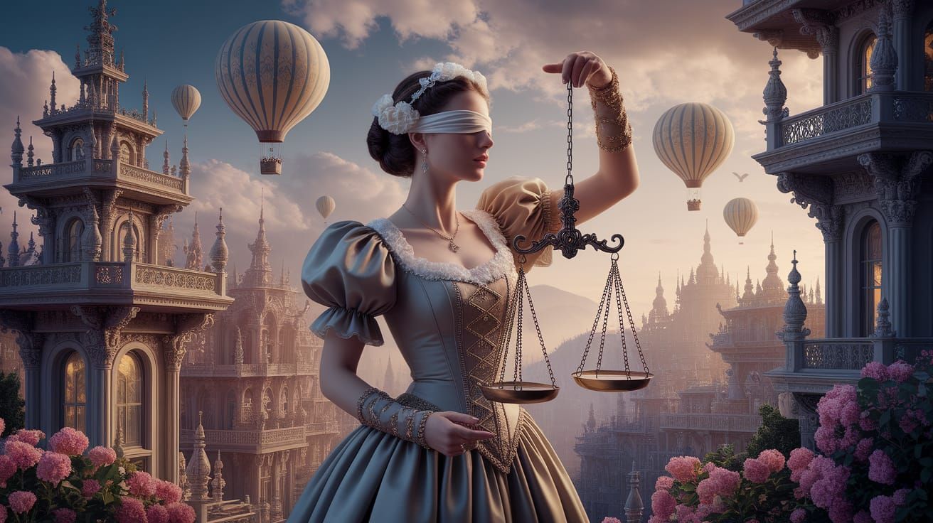 Woman with Scales in Dreamlike Cityscape