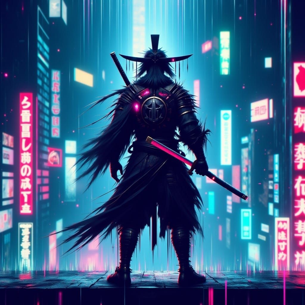 Cyberpunk Samurai on Neon Rooftop with Katana