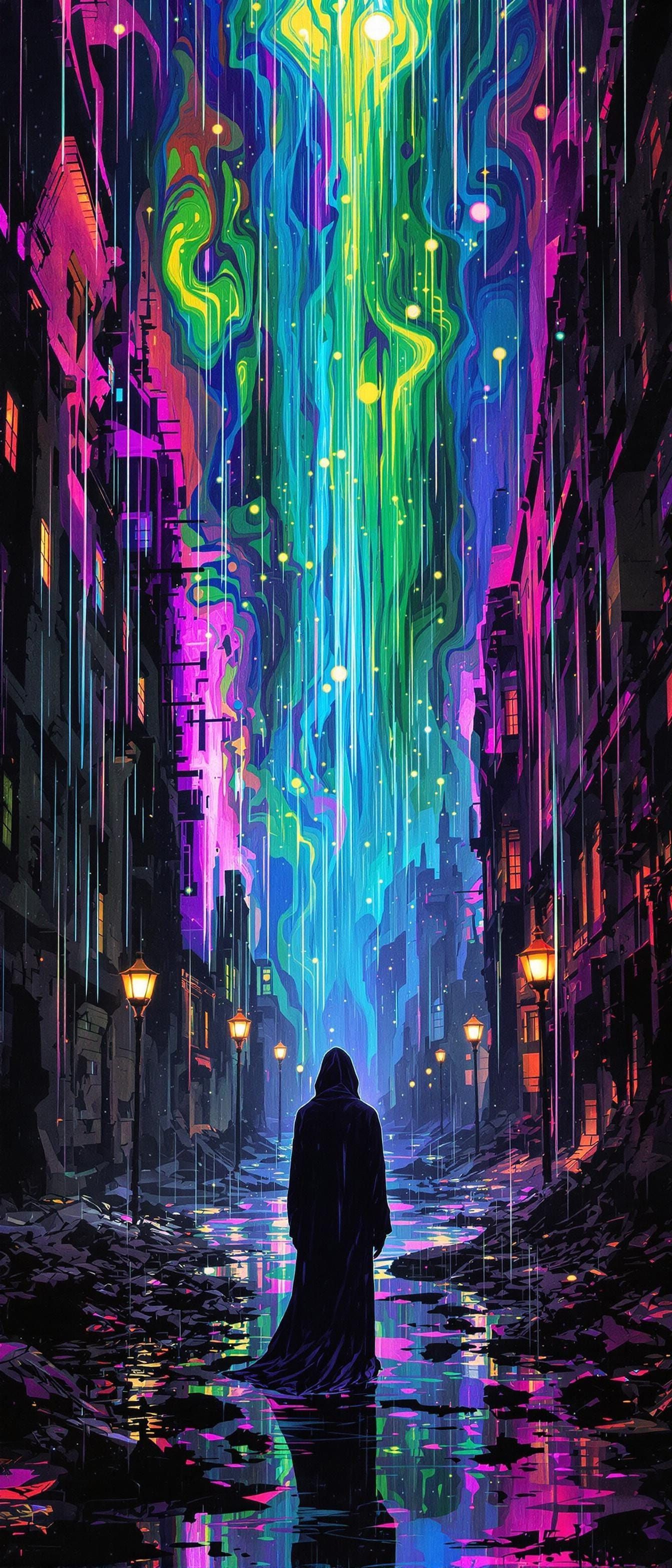 Dystopian Figure Paints with Acid Rains in Cyberpunk Scene