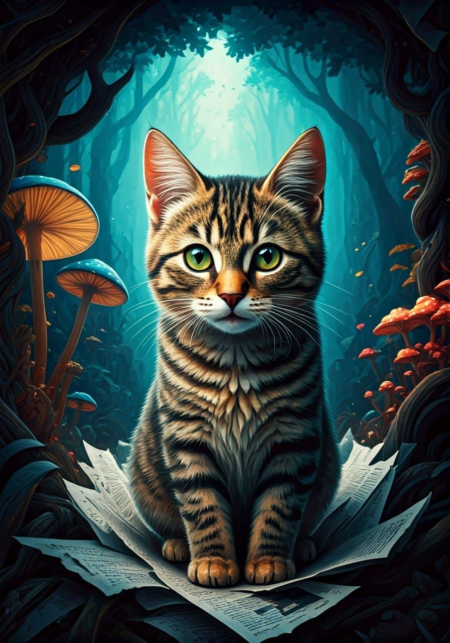 Dreamlike Tabby Cat in Whimsical Newspaper Collage